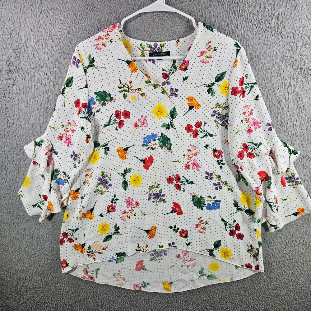 John Mark Womens Floral Polka Dot‎ Ruffle Sleeve V-Neck Blouse White Size Small